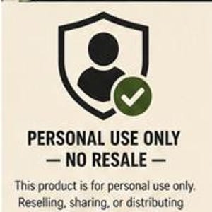 May include: A rectangular sign with a cream background featuring a dark green circle containing the number 9. It displays the text PERSONAL USE LICENSE, a shield icon with a person silhouette and a green checkmark, and the text PERSONAL USE ONLY &mdash; NO RESALE &mdash; followed by a statement that reselling, sharing, or distributing the product is not allowed.
