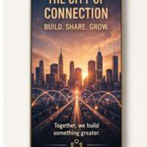 May include: A rectangular wall art print featuring a city skyline at sunset with golden light rays. The text reads: THE CITY OF CONNECTION, BUILD. SHARE. GROW. Together, we build something greater. A small icon of three connected figures is at the bottom.