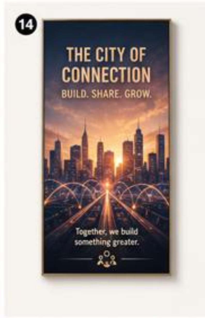 May include: A rectangular wall art print featuring a city skyline at sunset with golden light rays. The text reads: THE CITY OF CONNECTION, BUILD. SHARE. GROW. Together, we build something greater. A small icon of three connected figures is at the bottom.