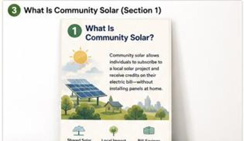 May include: An educational infographic titled What Is Community Solar? featuring a yellow sun, blue solar panels, a house, and trees. The text explains that community solar allows individuals to subscribe to a local project for electric bill credits.