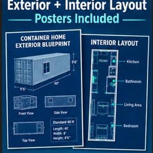 May include: A blue blueprint poster set titled Exterior + Interior Layout Posters Included. It displays a container home exterior blueprint with 40 inch by 9 foot 6 inch dimensions, and an interior layout showing a kitchen, bathroom, living area, and bedroom.