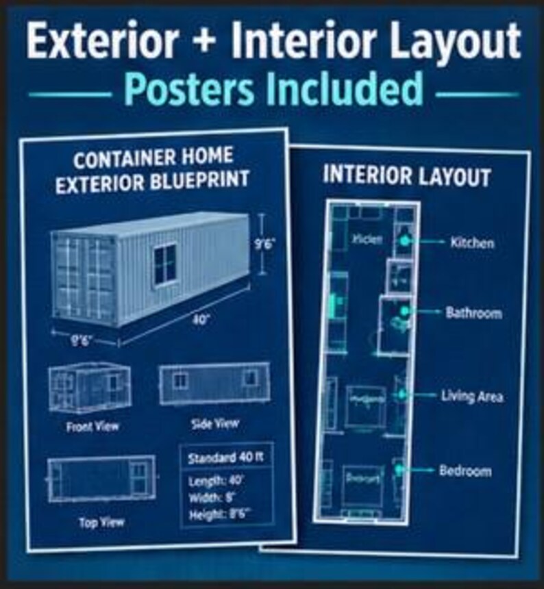May include: A blue blueprint poster set titled Exterior + Interior Layout Posters Included. It displays a container home exterior blueprint with 40 inch by 9 foot 6 inch dimensions, and an interior layout showing a kitchen, bathroom, living area, and bedroom.