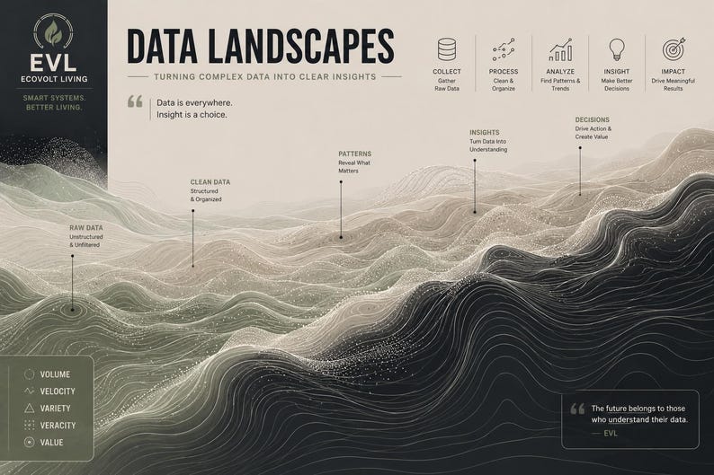 K&ouml;nnte beinhalten: Eine Infografik mit dem Titel Data Landscapes, die ein topographisches Wellendesign in Schwarz, Wei&szlig; und Beige zeigt. Sie enth&auml;lt Textbeschriftungen wie Raw Data, Clean Data, Patterns, Insights und Decisions sowie das Logo von EVL Ecovolt Living.