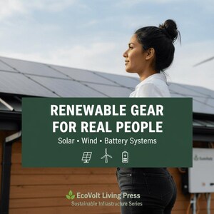 Puede incluir: Imagen que promueve soluciones de energía renovable. Una mujer se encuentra frente a paneles solares y un edificio con el texto "RENEWABLE GEAR FOR REAL PEOPLE" y "Solar • Wind • Battery Systems". El logotipo de EcoVolt Living Press está en la parte inferior.