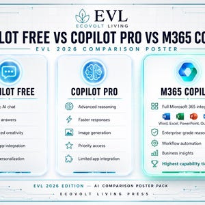 May include: A white comparison poster titled COPILOT FREE VS COPILOT PRO VS M365 COPILOT by EVL ECOVOLT LIVING. It features three columns detailing features for each tier, including icons for chat, reasoning, and Microsoft 365 app integration.