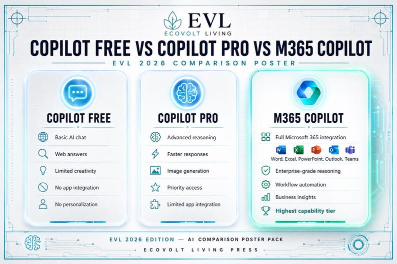 May include: A white comparison poster titled COPILOT FREE VS COPILOT PRO VS M365 COPILOT by EVL ECOVOLT LIVING. It features three columns detailing features for each tier, including icons for chat, reasoning, and Microsoft 365 app integration.