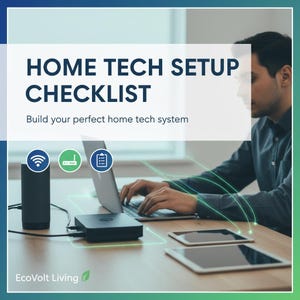 Puede incluir: Imagen de una lista de verificación de configuración tecnológica para el hogar. La imagen muestra a una persona trabajando en una computadora portátil con un altavoz inteligente, un enrutador y dos tabletas sobre una mesa de madera. El texto dice "HOME TECH SETUP CHECKLIST" y "Build your perfect home tech system."