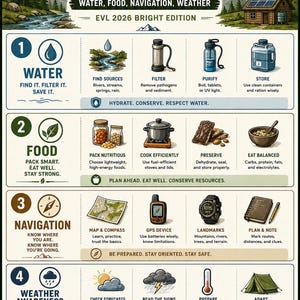 May include: An educational infographic titled OFF-GRID BASICS EVL 2026 BRIGHT EDITION. It features four sections: WATER, FOOD, NAVIGATION, and WEATHER AWARENESS, each with icons and text instructions for survival, plus an OFF-GRID MINDSET footer.