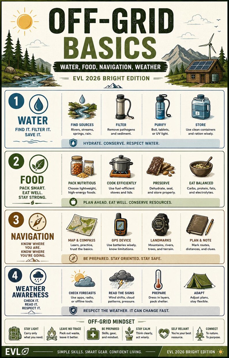 May include: An educational infographic titled OFF-GRID BASICS EVL 2026 BRIGHT EDITION. It features four sections: WATER, FOOD, NAVIGATION, and WEATHER AWARENESS, each with icons and text instructions for survival, plus an OFF-GRID MINDSET footer.