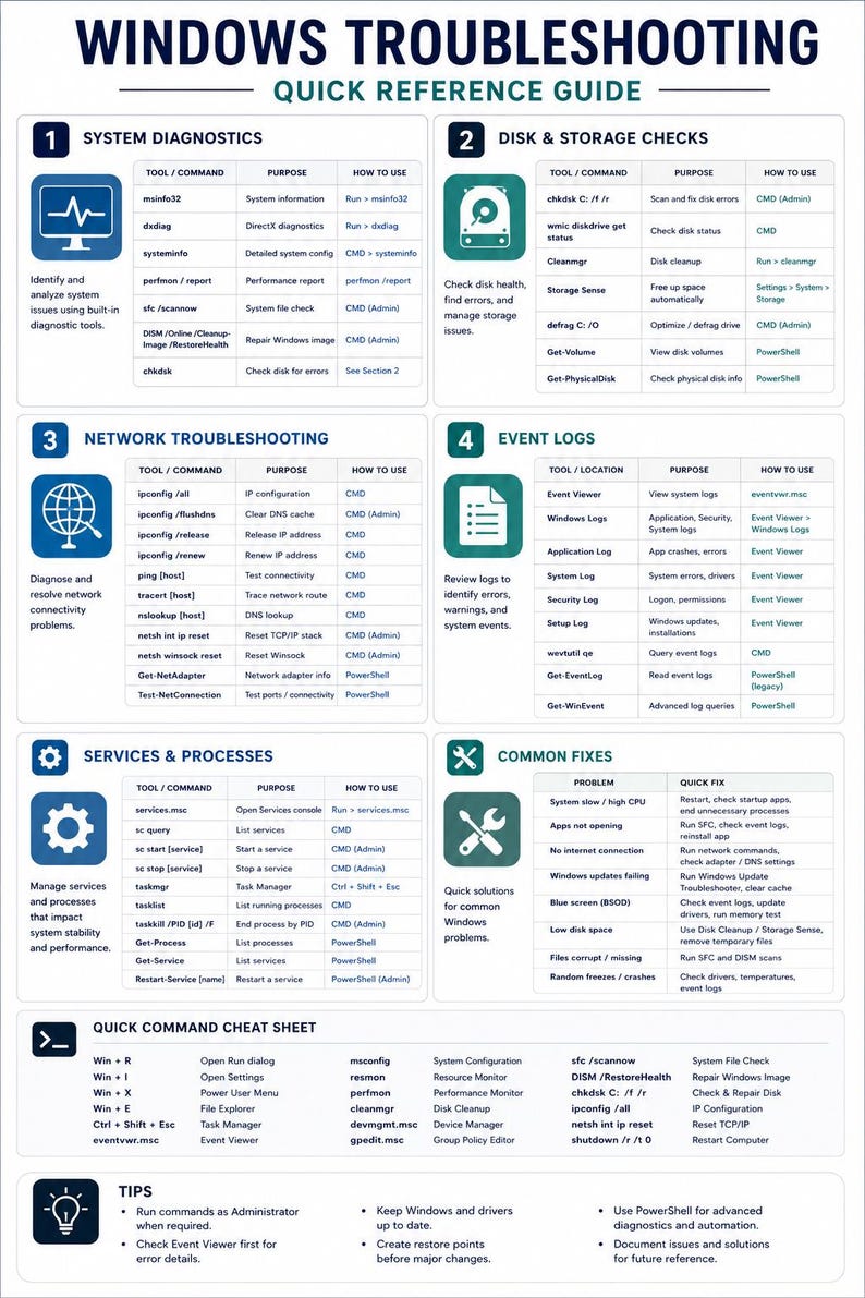 May include: A Windows Troubleshooting Quick Reference Guide infographic featuring six numbered sections: System Diagnostics, Disk & Storage Checks, Network Troubleshooting, Event Logs, Services & Processes, and Common Fixes, plus a command cheat sheet.