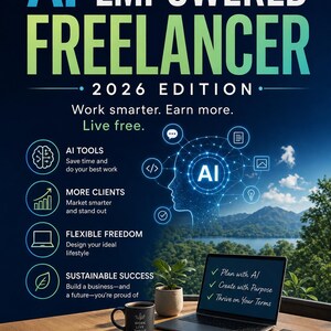 以下が含まれることがあります： 「AI-Empowered Freelancer 2026 Edition」のプロモーション画像。ノートパソコン、コーヒーマグ、ノートが木製の机の上にあり、背景には美しい景色が広がっています。テキストは、AIツール、より多くのクライアント、柔軟な自由、持続可能な成功を強調しています。