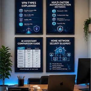 May include: Four framed wall posters with dark blue backgrounds and white text. The posters are titled VPN Types Explained, Multi-Factor Authentication Methods, AI Assistant Comparison Guide, and Home Network Security Blueprint with diagrams.