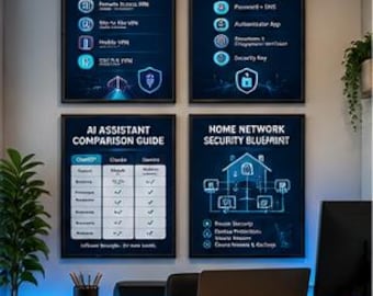 May include: Four framed wall posters with dark blue backgrounds and white text. The posters are titled VPN Types Explained, Multi-Factor Authentication Methods, AI Assistant Comparison Guide, and Home Network Security Blueprint with diagrams.