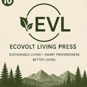 May include: A rectangular graphic featuring a dark green logo with the letters EVL and two leaves inside a circle. Below, the text reads ECOVOLT LIVING PRESS, SUSTAINABLE LIVING, SMART PREPAREDNESS, BETTER LIVING. A mountain range and pine trees appear below.
