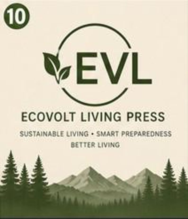 May include: A rectangular graphic featuring a dark green logo with the letters EVL and two leaves inside a circle. Below, the text reads ECOVOLT LIVING PRESS, SUSTAINABLE LIVING, SMART PREPAREDNESS, BETTER LIVING. A mountain range and pine trees appear below.