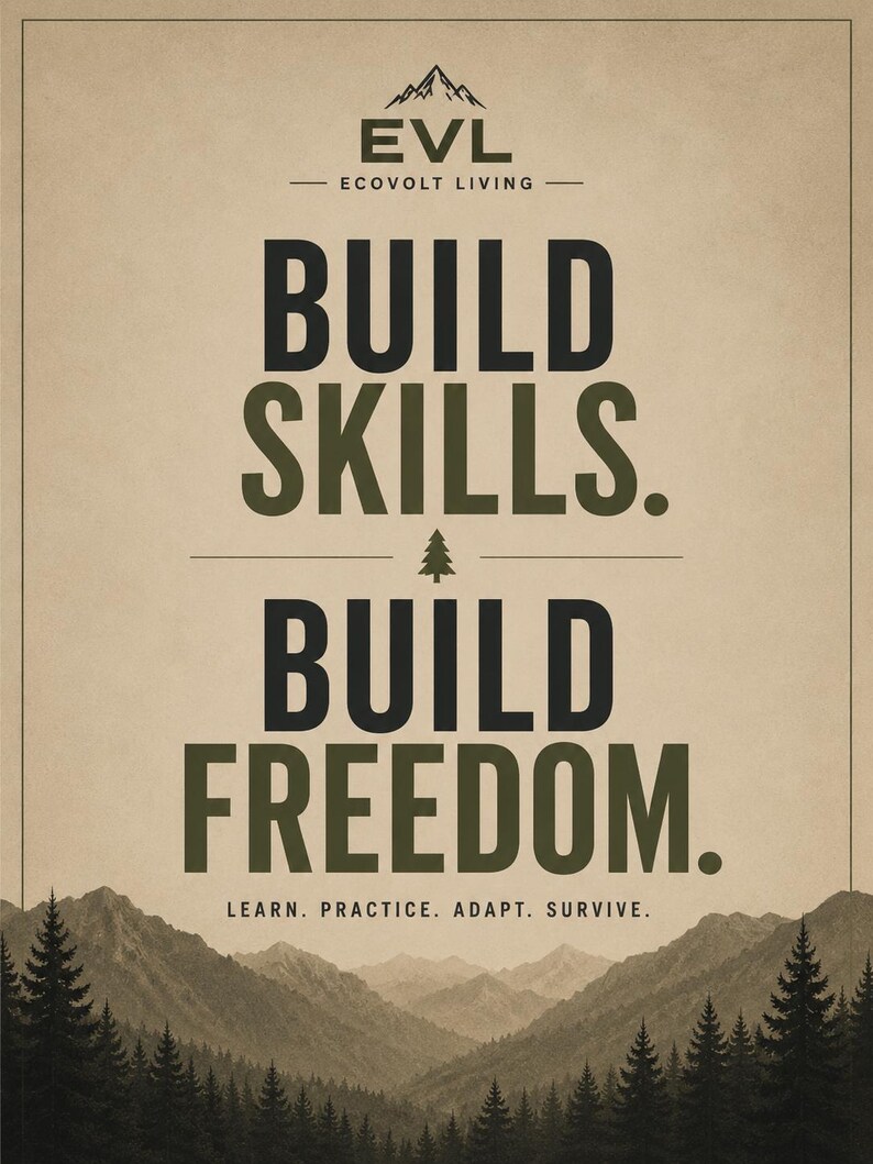 May include: A poster with a beige background featuring the text EVL ECOVOLT LIVING, BUILD SKILLS, BUILD FREEDOM, and LEARN. PRACTICE. ADAPT. SURVIVE. in black and olive green. A mountain range and pine forest are depicted at the bottom.
