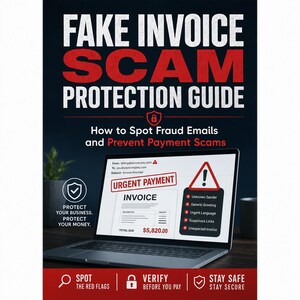 May include: A guide titled "FAKE INVOICE SCAM PROTECTION GUIDE" with text on how to spot fraud emails and prevent payment scams. A laptop displays an invoice with "URGENT PAYMENT" and a total due of $5,820.00. Icons and text advise to spot red flags, verify before paying, and stay safe.
