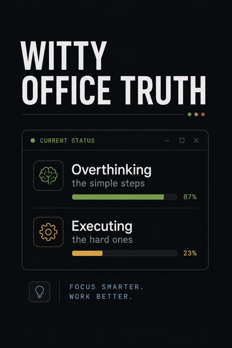 K&ouml;nnte beinhalten: Ein schwarzes Grafikposter mit dem Titel WITTY OFFICE TRUTH und einem digitalen Schnittstellenfenster. Es zeigt zwei Fortschrittsbalken: Overthinking the simple steps bei 87 % mit einem Gehirnsymbol und Executing the hard ones bei 23 % mit einem Zahnradsymbol. Der Text lautet FOCUS SMARTER. WORK BETTER.