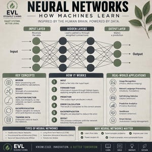 K&ouml;nnte beinhalten: Eine lehrreiche Infografik mit dem Titel Neural Networks How Machines Learn, die ein Diagramm mit Eingabe-, verborgenen und Ausgabeschichten zeigt. Sie enth&auml;lt Abschnitte zu Schl&uuml;sselkonzepten, Funktionsweise, Anwendungen und Bedeutung.
