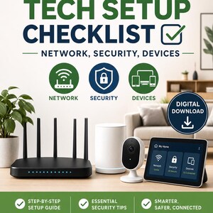 Pode incluir: Imagem promocional para uma lista de verificação de configuração de tecnologia doméstica. A imagem apresenta um roteador preto, uma câmera de segurança branca, um tablet exibindo uma tela inicial e o texto "HOME TECH SETUP CHECKLIST". A imagem também inclui o texto "NETWORK, SECURITY, DEVICES".