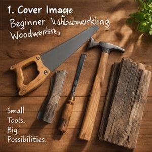 Op de afbeelding: Een handzaag met houten handvat, een metalen beitel met houten handvat, een klauwhamer met houten handvat en een stapel ruw gezaagde houten planken. De tekst luidt: 1. Cover Image Beginner Woodworking. Small Tools. Big Possibilities.