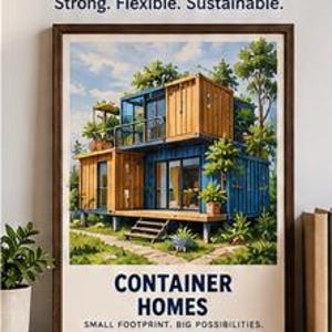May include: A framed wall art print featuring a two-story container home with blue and wood-toned panels, surrounded by greenery. The text reads: Container Homes, Strong. Flexible. Sustainable. and CONTAINER HOMES, SMALL FOOTPRINT, BIG POSSIBILITIES.
