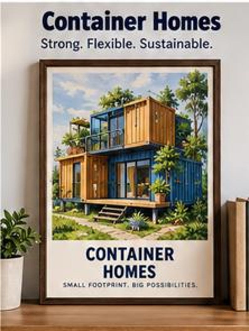 May include: A framed wall art print featuring a two-story container home with blue and wood-toned panels, surrounded by greenery. The text reads: Container Homes, Strong. Flexible. Sustainable. and CONTAINER HOMES, SMALL FOOTPRINT, BIG POSSIBILITIES.