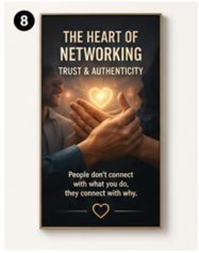 May include: A rectangular wall art print featuring the text THE HEART OF NETWORKING TRUST & AUTHENTICITY at the top and People don't connect with what you do, they connect with why. at the bottom, with a glowing heart icon between two hands.