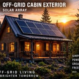 May include: A wooden cabin with a dark metal roof featuring a solar array. The text reads: 1. OFF-GRID CABIN EXTERIOR, SOLAR ARRAY, SIMPLE POWER GREATER FREEDOM, OFF-GRID LIVING, A BRIGHTER TOMORROW. The cabin has a porch with warm interior lighting.