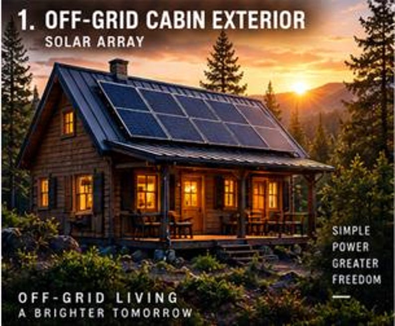 May include: A wooden cabin with a dark metal roof featuring a solar array. The text reads: 1. OFF-GRID CABIN EXTERIOR, SOLAR ARRAY, SIMPLE POWER GREATER FREEDOM, OFF-GRID LIVING, A BRIGHTER TOMORROW. The cabin has a porch with warm interior lighting.