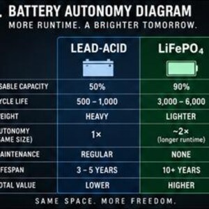 May include: A comparison chart titled 5. BATTERY AUTONOMY DIAGRAM. MORE RUNTIME. A BRIGHTER TOMORROW. It contrasts Lead-Acid and LiFePO4 batteries across categories including usable capacity, cycle life, weight, autonomy, maintenance, lifespan, and value.