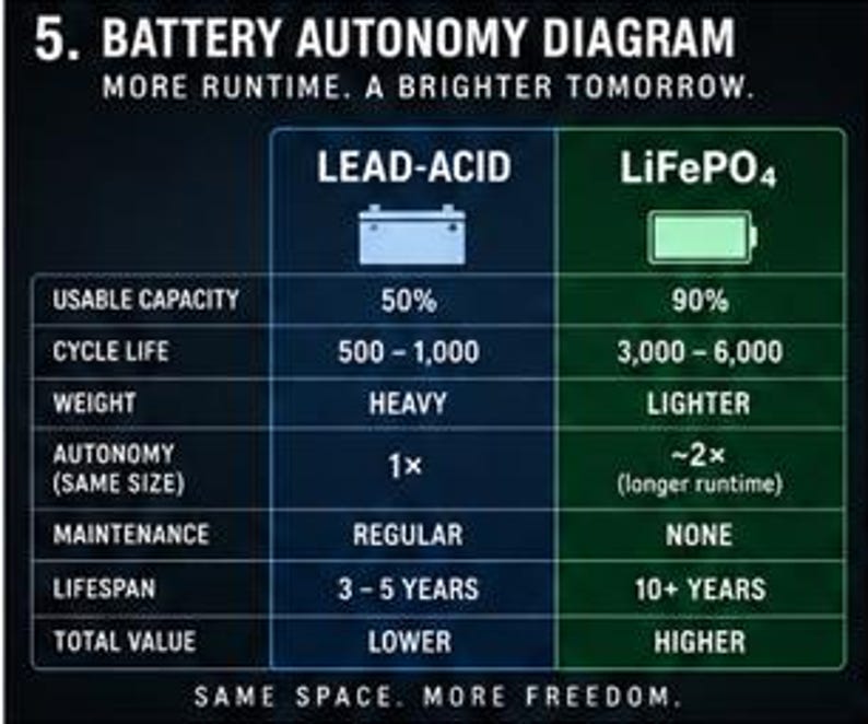 May include: A comparison chart titled 5. BATTERY AUTONOMY DIAGRAM. MORE RUNTIME. A BRIGHTER TOMORROW. It contrasts Lead-Acid and LiFePO4 batteries across categories including usable capacity, cycle life, weight, autonomy, maintenance, lifespan, and value.