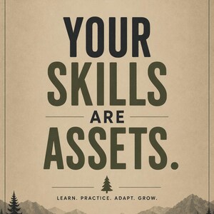 May include: A rectangular poster with a tan background featuring the text "EVL ECOVOLT LIVING" at the top with a mountain icon. Below, the text reads "YOUR SKILLS ARE ASSETS." followed by a small tree icon and "LEARN. PRACTICE. ADAPT. GROW." A mountain range with pine trees is at the bottom.
