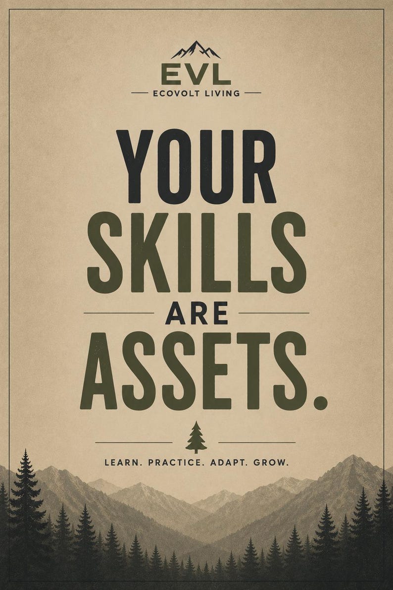 May include: A rectangular poster with a tan background featuring the text "EVL ECOVOLT LIVING" at the top with a mountain icon. Below, the text reads "YOUR SKILLS ARE ASSETS." followed by a small tree icon and "LEARN. PRACTICE. ADAPT. GROW." A mountain range with pine trees is at the bottom.
