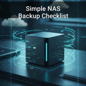 Op de afbeelding: Een zwart NAS-apparaat met een verticale blauwe lichtstrip, omringd door gloeiende blauwe lijnen en deeltjes. De tekst "Simple NAS Backup Checklist" wordt boven het apparaat weergegeven tegen een donkere achtergrond met wolken.