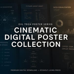 K&ouml;nnte beinhalten: Eine Sammlung von sechs dunkel gestalteten digitalen Postern mit dem Titel EVL TECH POSTER SERIES CINEMATIC DIGITAL POSTER COLLECTION. Die Poster zeigen technische Diagramme wie The AI Ecosystem, Python Cheat Sheet, Data Visualization, The Modern Tech Stack, System Architecture und eine Coffee Code Deploy Repeat Grafik.