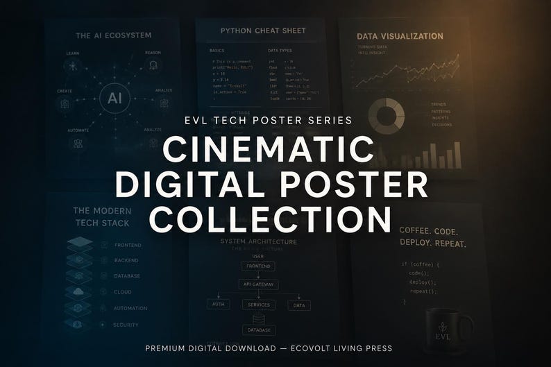 K&ouml;nnte beinhalten: Eine Sammlung von sechs dunkel gestalteten digitalen Postern mit dem Titel EVL TECH POSTER SERIES CINEMATIC DIGITAL POSTER COLLECTION. Die Poster zeigen technische Diagramme wie The AI Ecosystem, Python Cheat Sheet, Data Visualization, The Modern Tech Stack, System Architecture und eine Coffee Code Deploy Repeat Grafik.