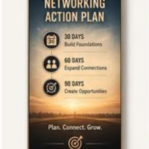 May include: A vertical rectangular graphic titled 30/60/90 DAY NETWORKING ACTION PLAN. It features a sunset horizon background with three circular icons representing 30 days to build foundations, 60 days to expand connections, and 90 days to create opportunities. The text Plan. Connect. Grow. appears at the bottom with a target icon.