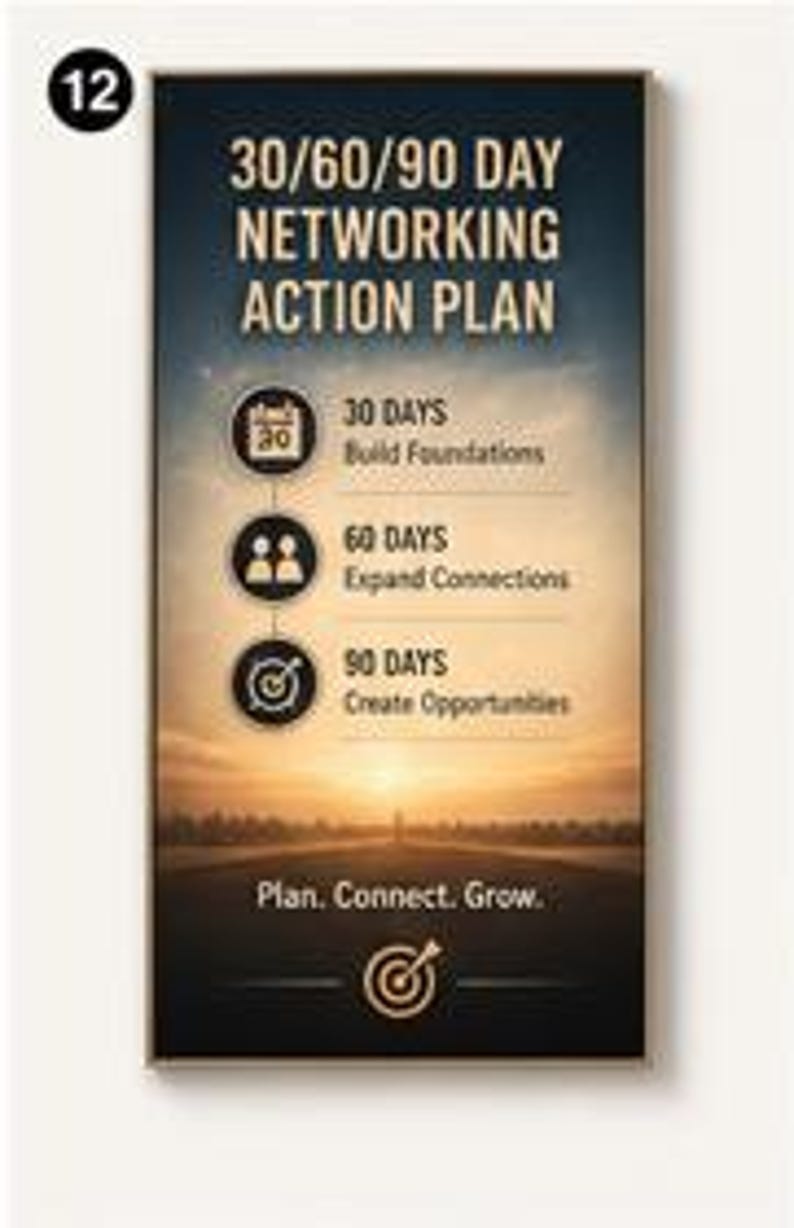 May include: A vertical rectangular graphic titled 30/60/90 DAY NETWORKING ACTION PLAN. It features a sunset horizon background with three circular icons representing 30 days to build foundations, 60 days to expand connections, and 90 days to create opportunities. The text Plan. Connect. Grow. appears at the bottom with a target icon.