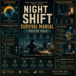 May include: A Night Shift Survival Manual poster pack featuring dark blue and gold infographics. It includes sections on circadian rhythms, sleep environments, nutrition, light strategies, and nap techniques, with a central image of a person at a desk.