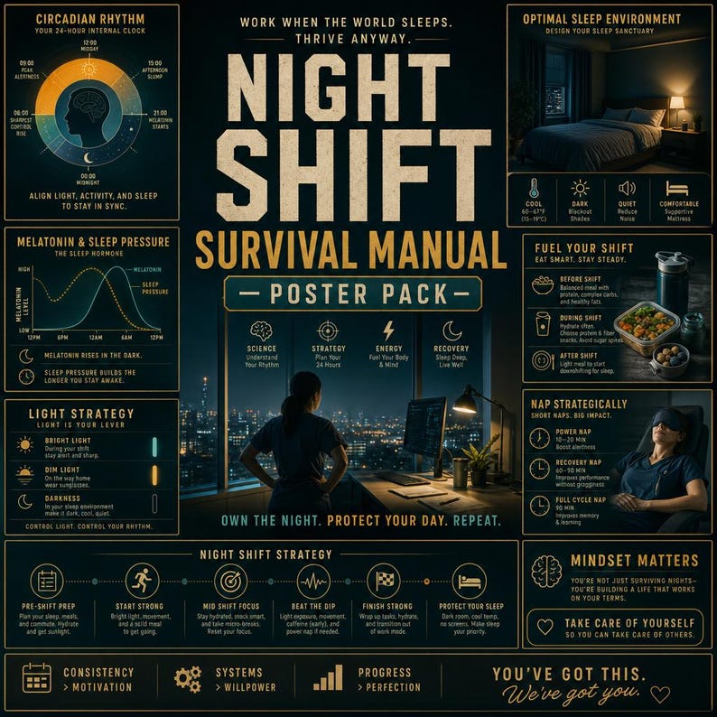 May include: A Night Shift Survival Manual poster pack featuring dark blue and gold infographics. It includes sections on circadian rhythms, sleep environments, nutrition, light strategies, and nap techniques, with a central image of a person at a desk.