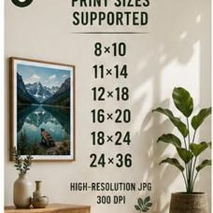 May include: A digital graphic displaying print sizes supported: 8x10, 11x14, 12x18, 16x20, 18x24, and 24x36 inches. The text includes High-Resolution JPG 300 DPI. A framed landscape photograph of a mountain lake and a potted plant are visible.
