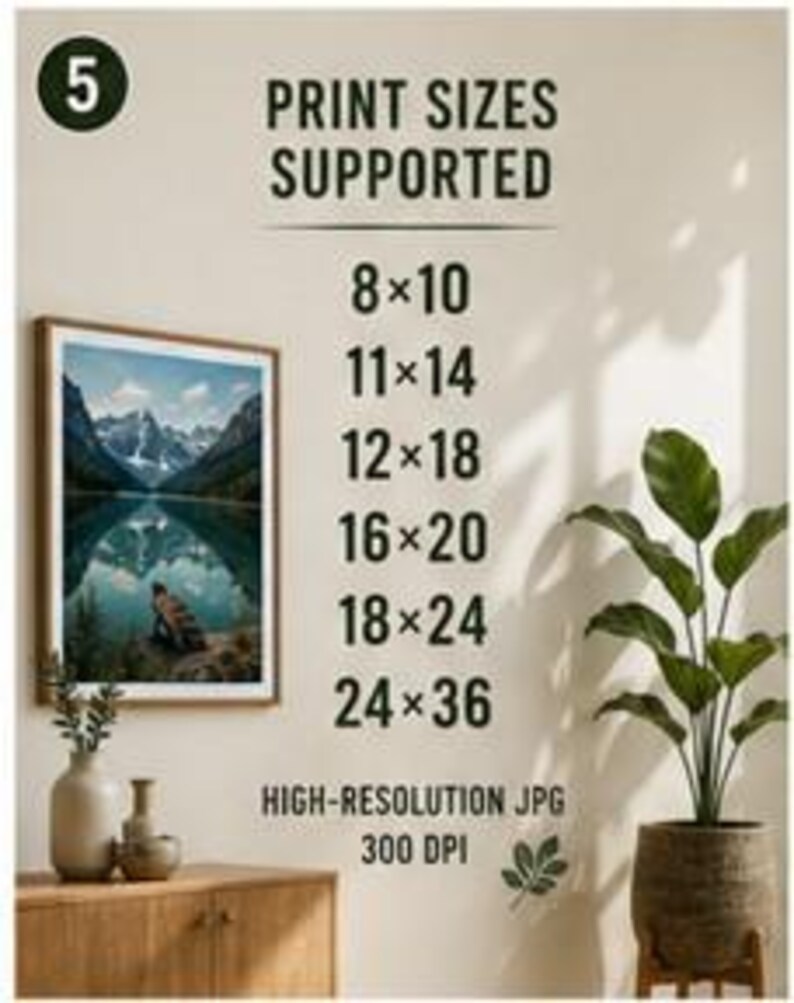 May include: A digital graphic displaying print sizes supported: 8x10, 11x14, 12x18, 16x20, 18x24, and 24x36 inches. The text includes High-Resolution JPG 300 DPI. A framed landscape photograph of a mountain lake and a potted plant are visible.