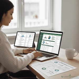 May include: A person using a laptop and tablet, both showing spreadsheets with charts and data. A printed report with charts and the EcoVolt Living Press logo is on the table. A white mug is also present.