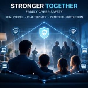 Op de afbeelding: Een digitale afbeelding met de titel STRONGER TOGETHER FAMILY CYBER SAFETY REAL PEOPLE REAL THREATS PRACTICAL PROTECTION. Het toont een gezin op een bank, omringd door een gloeiende blauwe geometrische schildomtrek met iconen van apparaten.