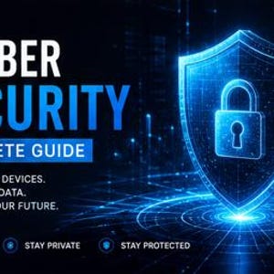 以下が含まれることがあります： CYBER SECURITY COMPLETE GUIDEというタイトルのデジタルグラフィック。PROTECT YOUR DEVICES. SECURE YOUR DATA. SAFEGUARD YOUR FUTURE.というテキストが記載されています。下部にはSTAY SAFE、STAY PRIVATE、STAY PROTECTEDというフレーズと、光る青い盾のアイコンが表示されています。