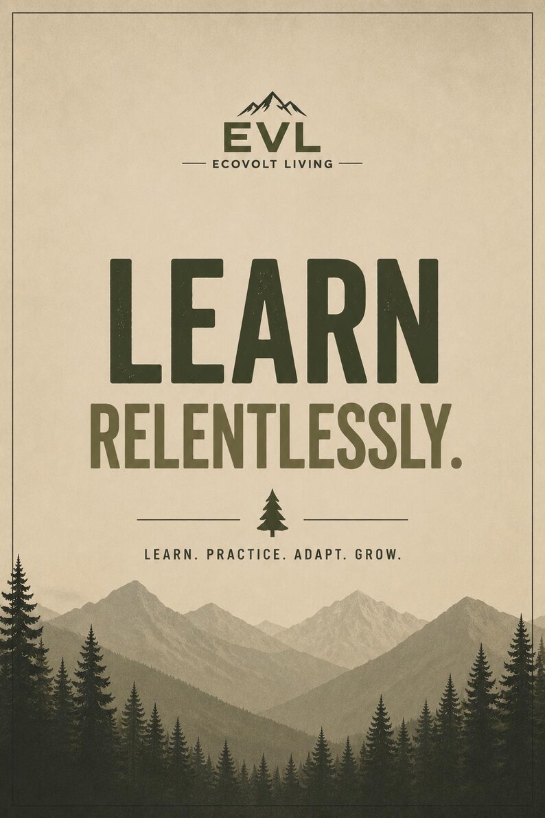 May include: A vertical poster with a beige background featuring a mountain range and pine forest at the bottom. The text reads EVL ECOVOLT LIVING, LEARN RELENTLESSLY, and LEARN. PRACTICE. ADAPT. GROW. with a small pine tree icon centered.