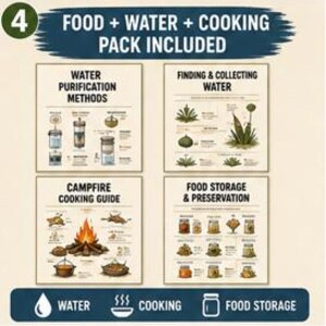 May include: A four-part instructional poster titled Food + Water + Cooking Pack Included. It features diagrams for water purification methods, finding and collecting water, a campfire cooking guide, and food storage and preservation techniques.