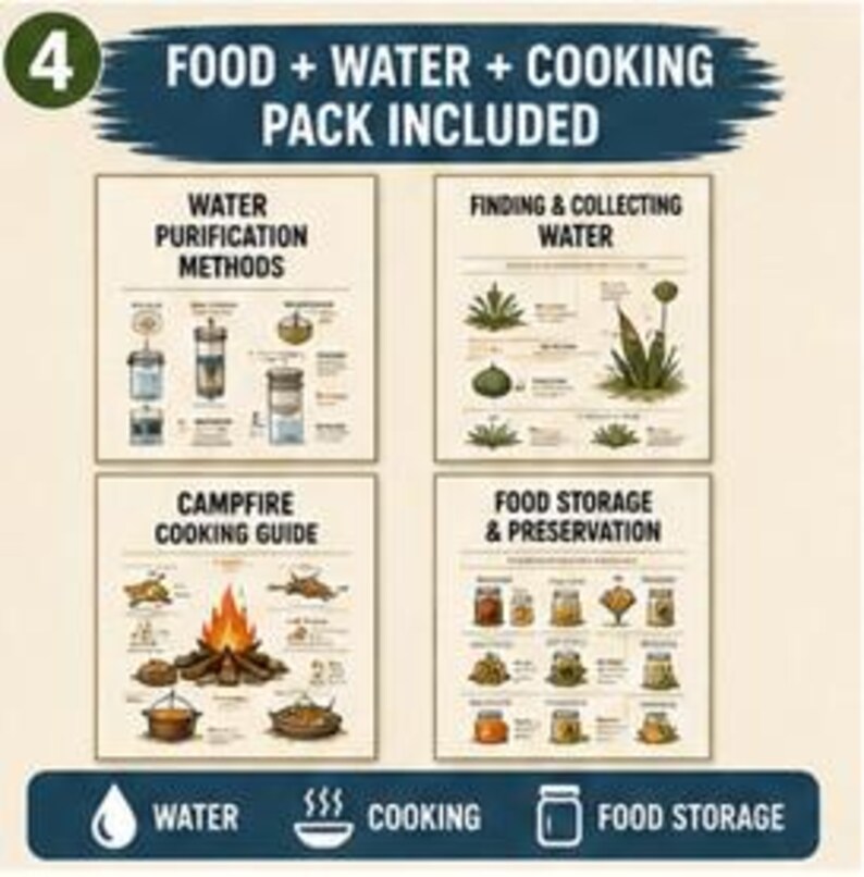 May include: A four-part instructional poster titled Food + Water + Cooking Pack Included. It features diagrams for water purification methods, finding and collecting water, a campfire cooking guide, and food storage and preservation techniques.