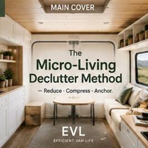Pode incluir: O interior de uma van com armários brancos, teto de madeira clara e uma mesa central. O texto na parede diz: The Micro-Living Declutter Method - Reduce - Compress - Anchor. EVL EFFICIENT VAN LIFE. Um sofá com almofadas está à direita.
